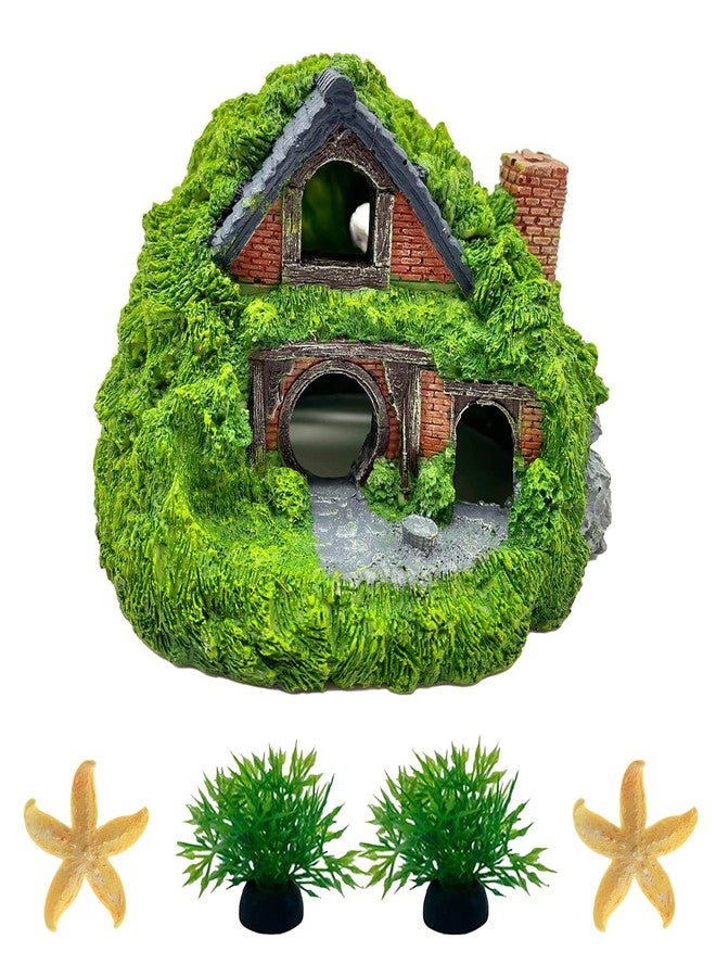 GOFYLIN Fish Tank Decorations kit, Aquarium Decor Hobbit House x 1pc, Fish Tank Accessories Aquatic Plants x 2pcs, Starfish x 2pcs. - Image 1